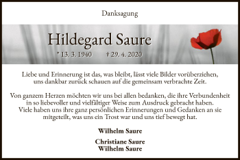 Traueranzeige von Hildegard Saure von WLZ