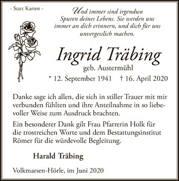 Traueranzeige von Ingrid Träbing von WLZ