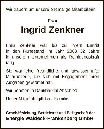 Traueranzeige von Ingrid Zenkner von WLZ