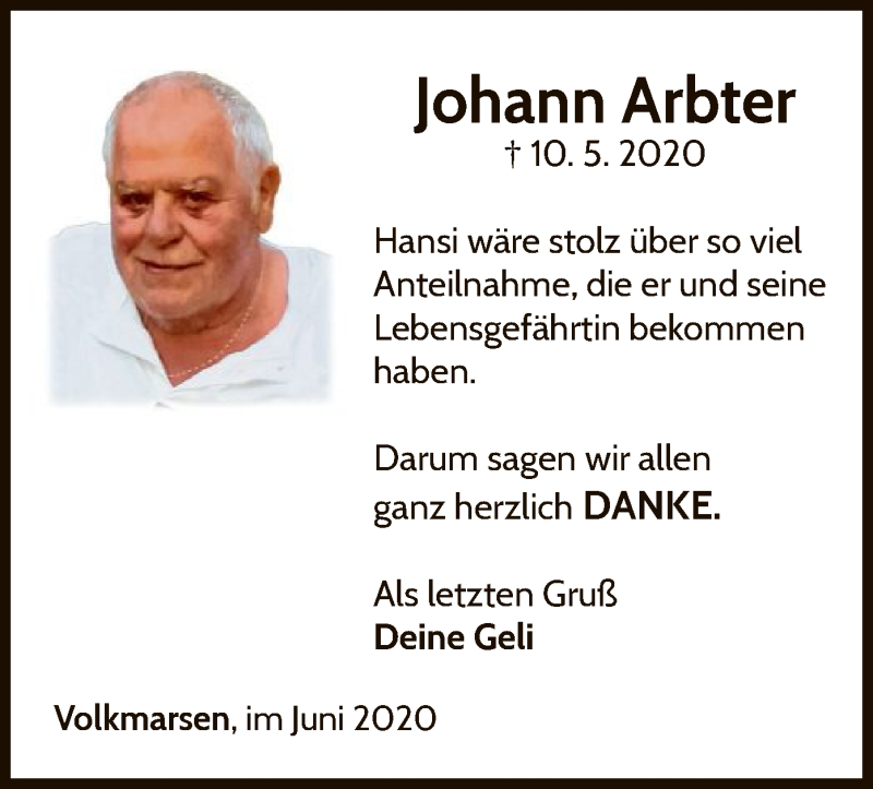 Traueranzeige für Johann Arbter vom 20.06.2020 aus WLZ