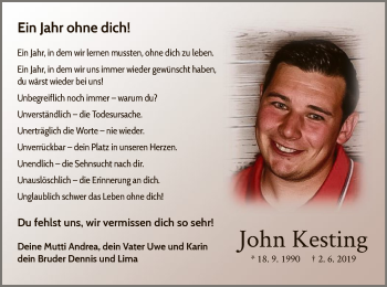 Traueranzeige von John Kesting von WLZ