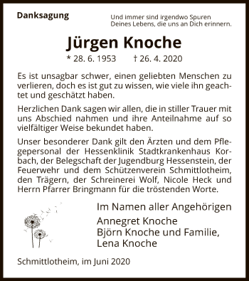 Traueranzeige von Jürgen Knoche von HNA