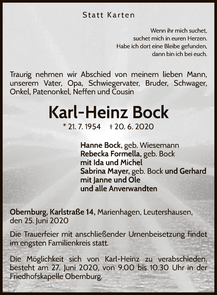  Traueranzeige für Karl-Heinz Bock vom 25.06.2020 aus WLZ