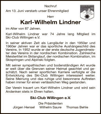 Traueranzeige von Karl-Wilhelm Lindner von WLZ