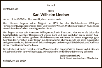 Traueranzeige von Karl Wilhelm Lindner von WLZ