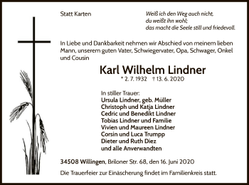 Traueranzeige von Karl Wilhelm Lindner von WLZ