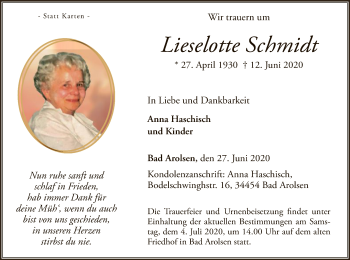 Traueranzeige von Lieselotte Schmidt von WLZ
