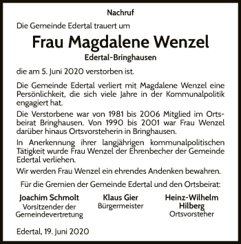 Traueranzeige von Magdalene Wenzel von WLZ