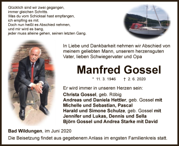 Traueranzeige von Manfred Gossel von WLZ