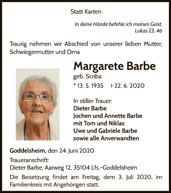 Traueranzeige von Margarete Barbe von WLZ