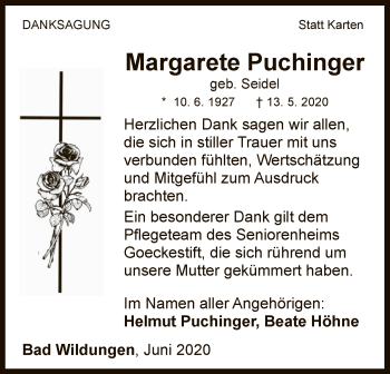 Traueranzeige von Margarete Puchinger von WLZ