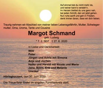 Traueranzeige von Margot Schmand von WLZ