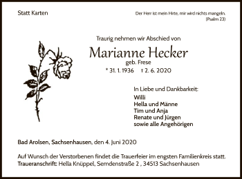 Traueranzeige von Marianne Hecker von WLZ