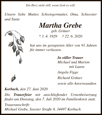 Traueranzeige von Martha Grebe von WLZ