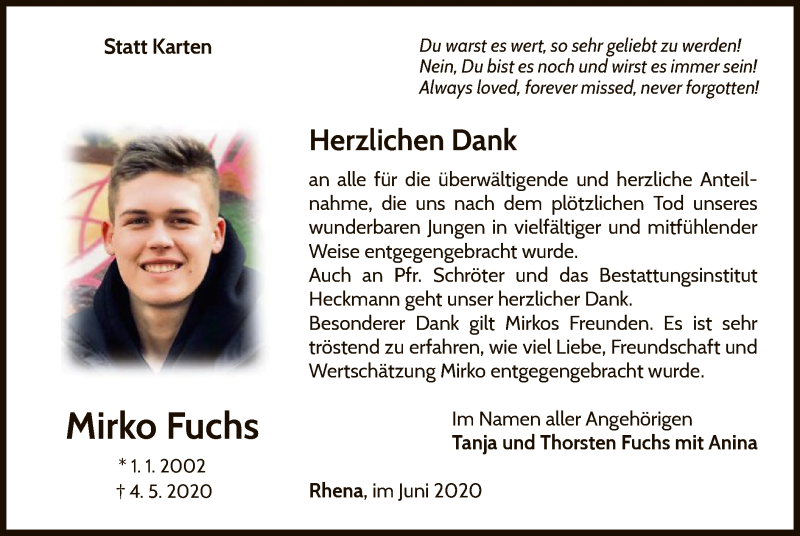  Traueranzeige für Mirko Fuch vom 13.06.2020 aus WLZ