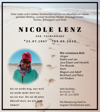Traueranzeige von Nicole Lenz von WLZ