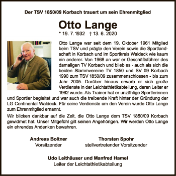 Traueranzeige von Otto Lange von WLZ