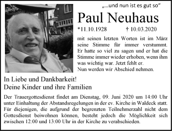 Traueranzeige von Paul Neuhaus von WLZ