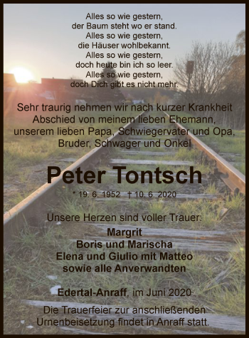 Traueranzeige von Peter Tontsch von WLZ