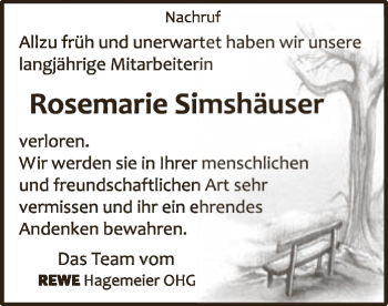 Traueranzeige von Rosemarie Simshäuser von WLZ