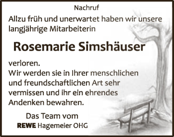 Traueranzeige von Rosemarie Simshäuser von WLZ