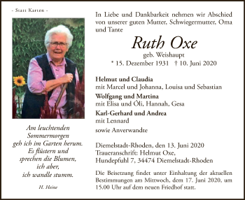 Traueranzeige von Ruth Oxe von WLZ