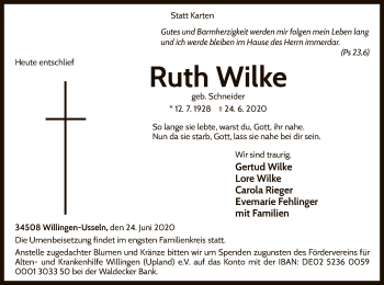 Traueranzeige von Ruth Wilke von WLZ