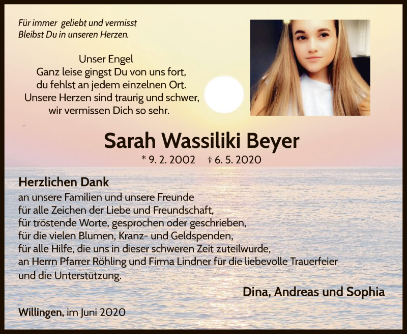  Traueranzeige für Sarah Wassiliki Beyer vom 13.06.2020 aus WLZ