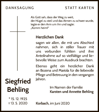 Traueranzeige von Siegfried Behling von WLZ