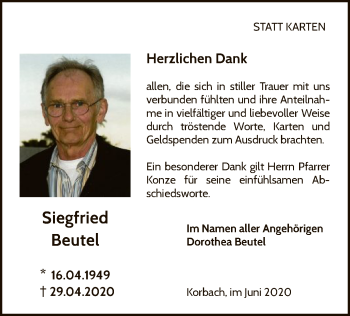 Traueranzeige von Siegfried Beutel von WLZ