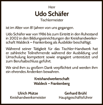 Traueranzeige von Udo Schäfer von WLZ