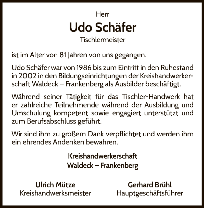  Traueranzeige für Udo Schäfer vom 20.06.2020 aus WLZ