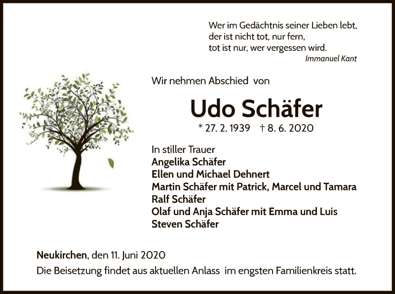  Traueranzeige für Udo Schäfer vom 11.06.2020 aus WLZ