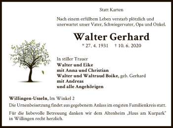 Traueranzeige von Walter Gerhard von WLZ
