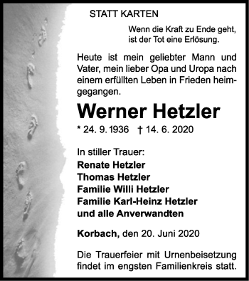 Traueranzeige von Werner Hetzler von WLZ