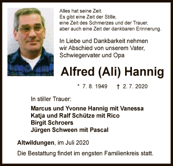 Traueranzeige von Alfred  Hannig von WLZ