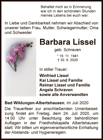 Traueranzeige von Barbara Lissel von WLZ