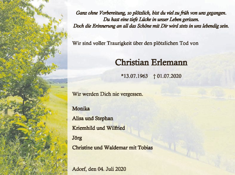  Traueranzeige für Christian Erlemann vom 04.07.2020 aus WLZ