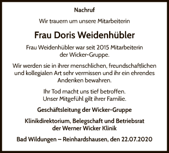 Traueranzeige von Doris Weidenhübler von WLZ