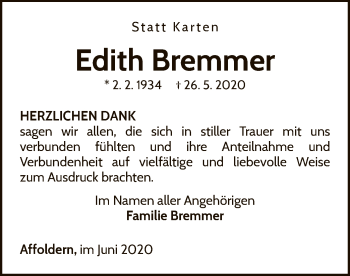 Traueranzeige von Edith Bremmer von WLZ