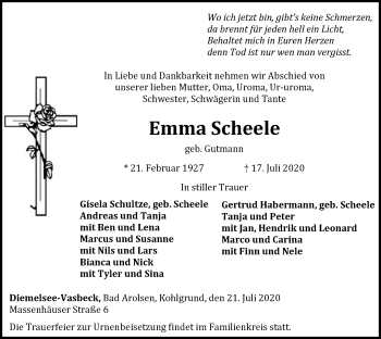 Traueranzeige von Emma Scheele von WLZ