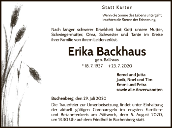 Traueranzeige von Erika Backhaus von WLZ