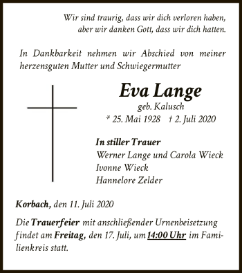 Traueranzeige von Eva Lange von WLZ