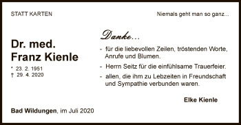 Traueranzeige von Franz Kienle von WLZ