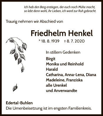 Traueranzeige von Friedhelm Henkel von WLZ