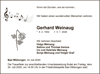 Traueranzeige von Gerhard Weinaug von WLZ