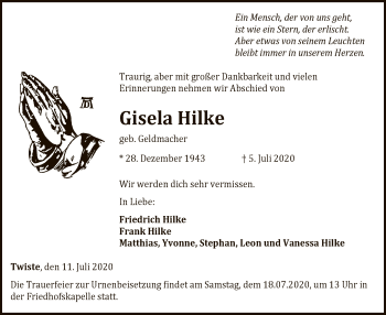 Traueranzeige von Gisela Hilke von WLZ