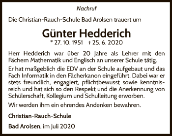 Traueranzeige von Günter Hedderich von WLZ