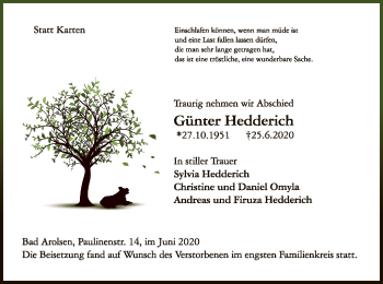 Traueranzeige von Günter Hedderich von WLZ