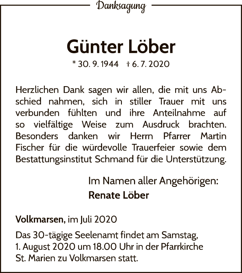  Traueranzeige für Günter Löber vom 30.07.2020 aus WLZ